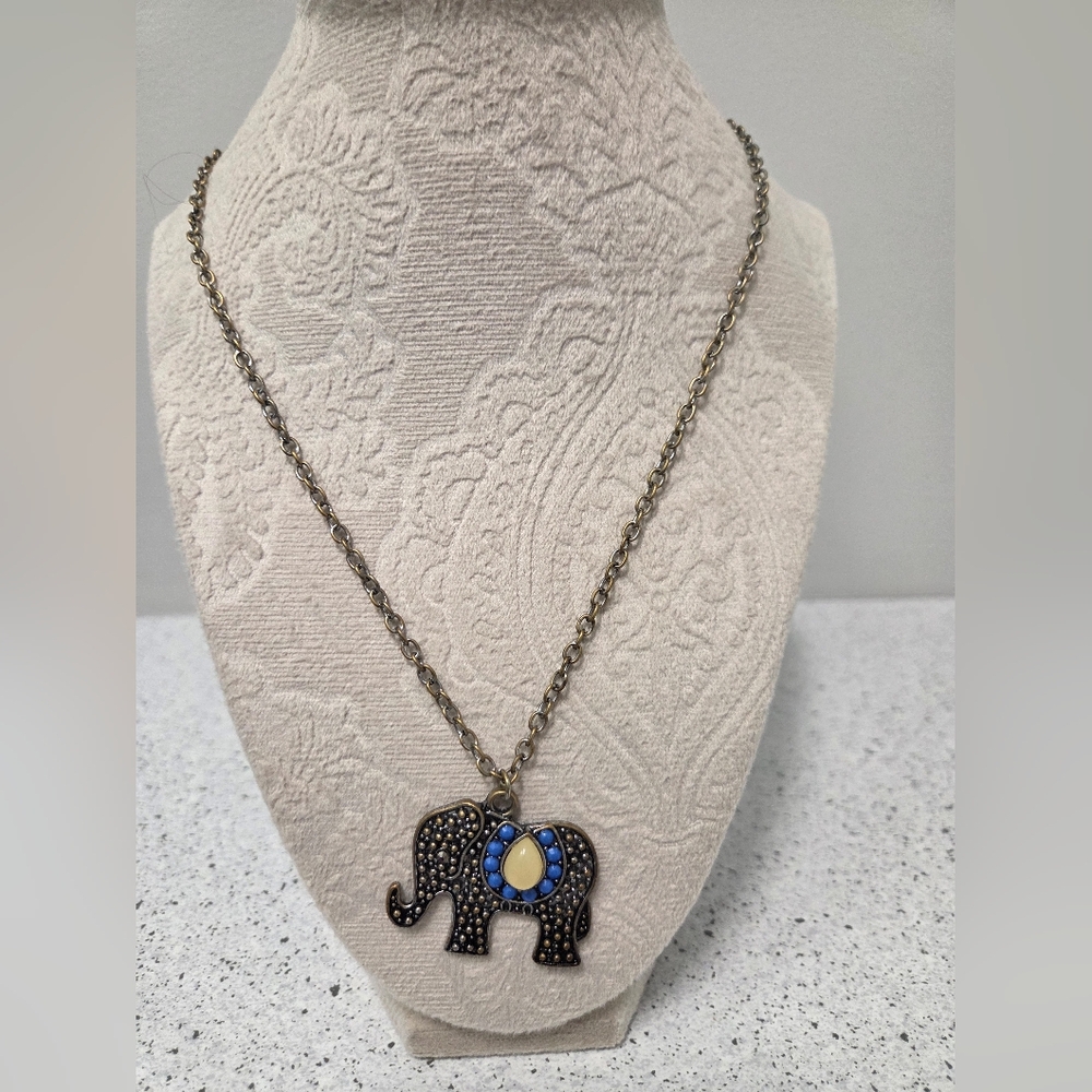 Elephant Pendant Necklace Boho Tribal Blue Accent Statement Jewelry